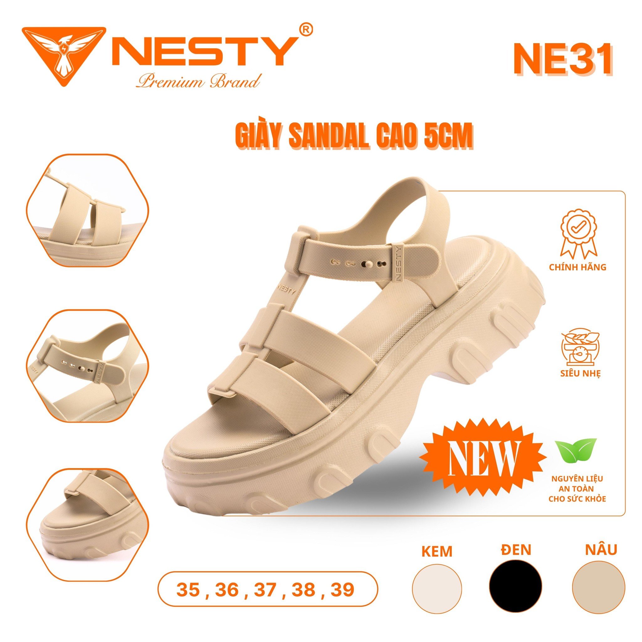 DÉP SANDAL ĐẾ CAO QUAI NGANG CAO CẤP THƯƠNG HIỆU NESTY MÃ NE31